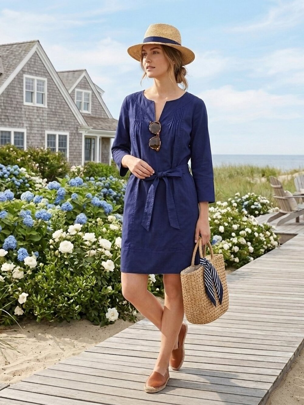 Diane von Furstenberg DVF Faustine Navy Cotton Tie Waist Shift Dress W/ Pockets